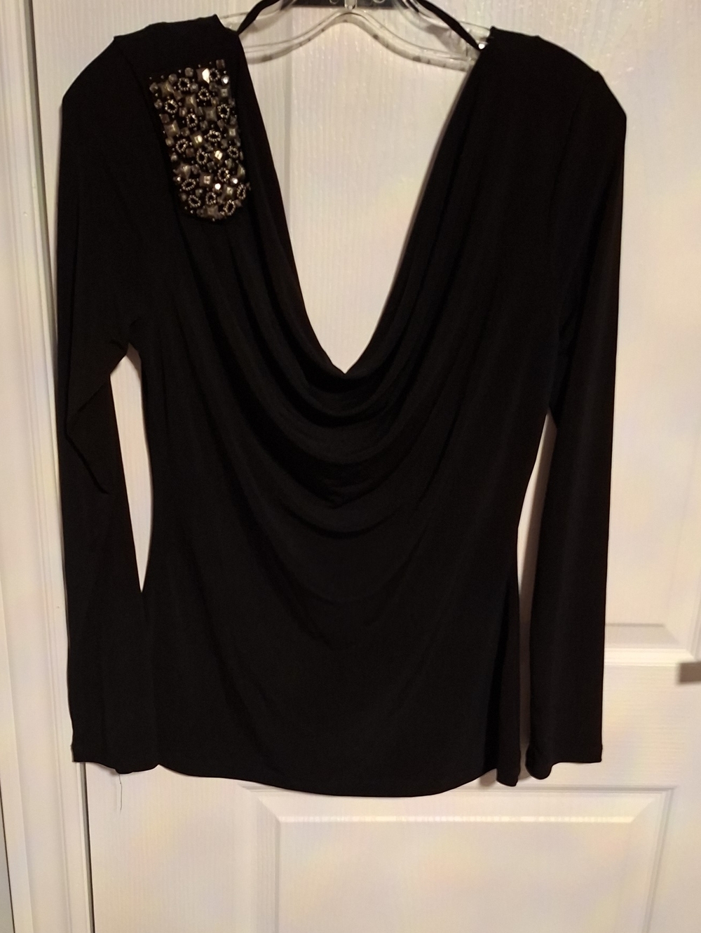 Calvin Klein Black Long Sleeve Cowl Neck Top with Embellished Shoulder